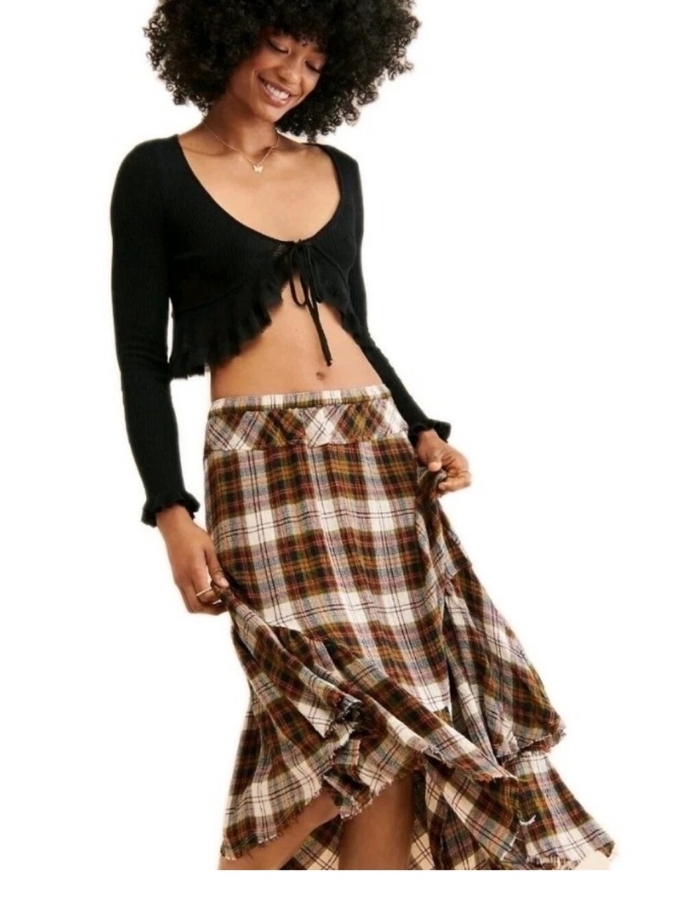 Free People Marcelline Asymmetrical Plaid Ruffle Frayed Raw Edge